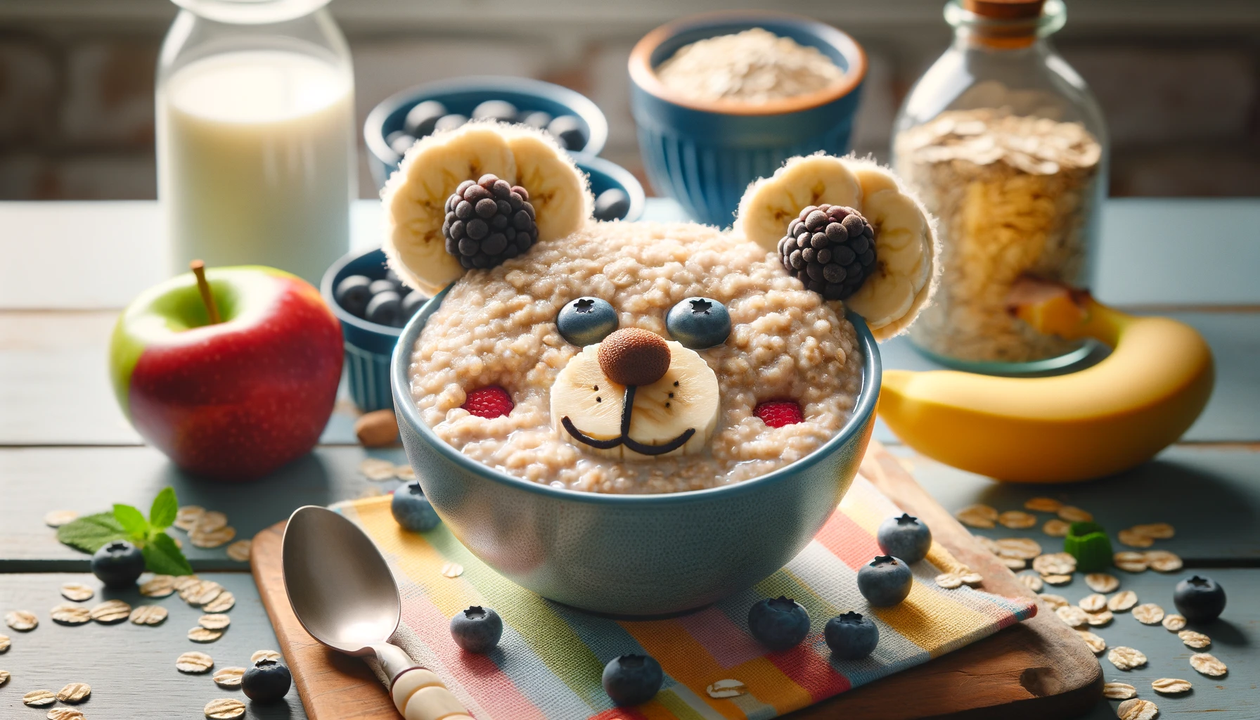 A cozy kitchen scene with a child-friendly breakfast setup. A teddy bear-shaped bowl sits atop a wooden table, filled with creamy porridge. The porridge is adorned with slices of banana for ears, a blueberry for a nose, and a strawberry for a mouth, resembling a cute teddy bear face. Next to the bowl, a spoon rests invitingly, ready for a playful breakfast experience. In the background, a kettle steams gently on the stove, adding to the comforting atmosphere.