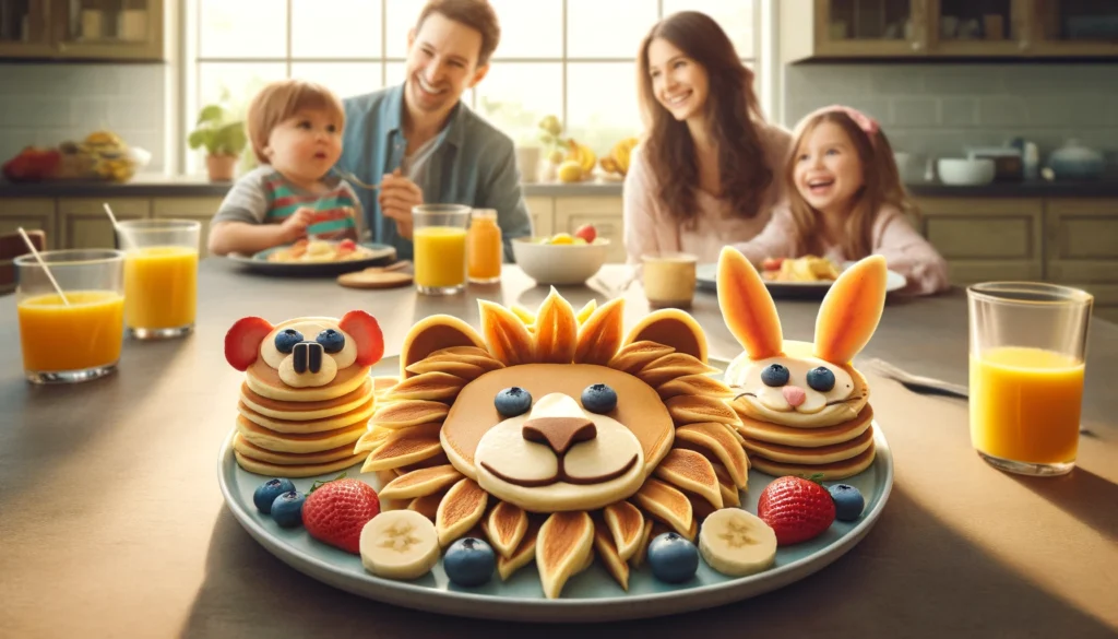 A stack of pancakes arranged to resemble various animals, including a bear, a bunny, and a cat. Each pancake has details made with chocolate chips and fruit slices to create eyes, noses, and mouths. The plate is decorated with colorful berries and powdered sugar, adding a vibrant touch to the playful breakfast spread.