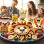 A stack of pancakes arranged to resemble various animals, including a bear, a bunny, and a cat. Each pancake has details made with chocolate chips and fruit slices to create eyes, noses, and mouths. The plate is decorated with colorful berries and powdered sugar, adding a vibrant touch to the playful breakfast spread.