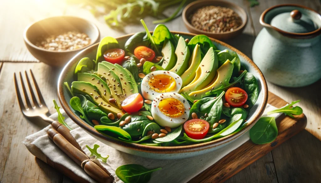 How about an image of a vibrant bowl filled with a colorful array of fresh greens like spinach, kale, and arugula, topped with slices of avocado, cherry tomatoes, boiled eggs, and a sprinkle of chia seeds, all drizzled with a light vinaigrette? This would convey the idea of a healthy breakfast salad packed with greens and protein, perfect for starting the day right!