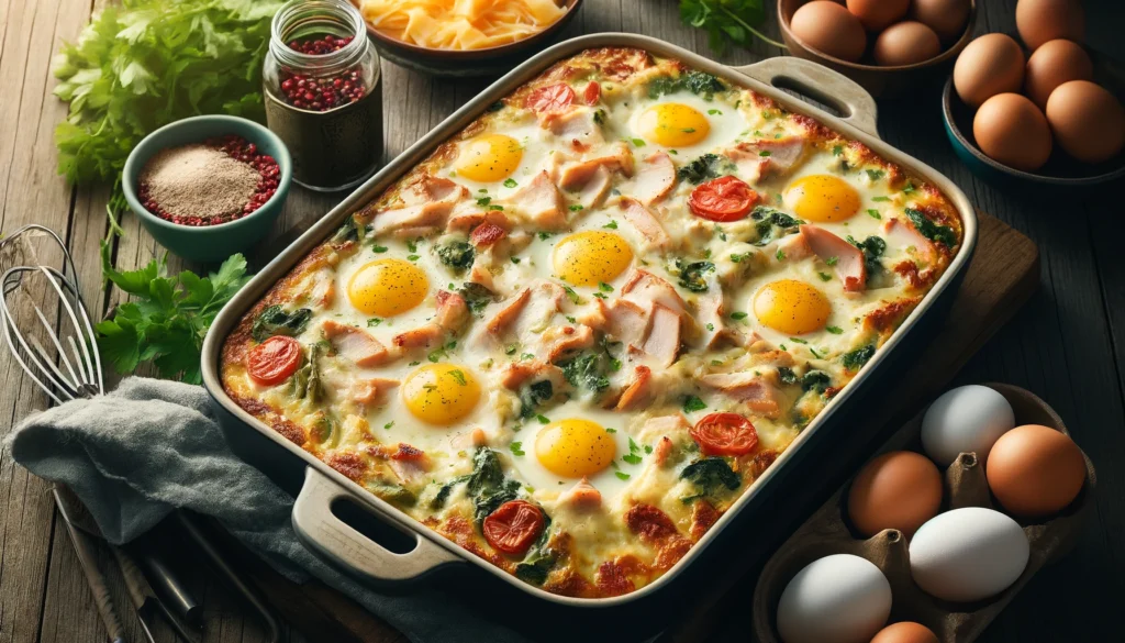 How about an image of a golden-brown casserole dish brimming with layers of fluffy scrambled eggs, savory turkey sausage, melted cheese, and colorful diced peppers, all sprinkled with fresh herbs? It's the epitome of a hearty and delicious breakfast feast!