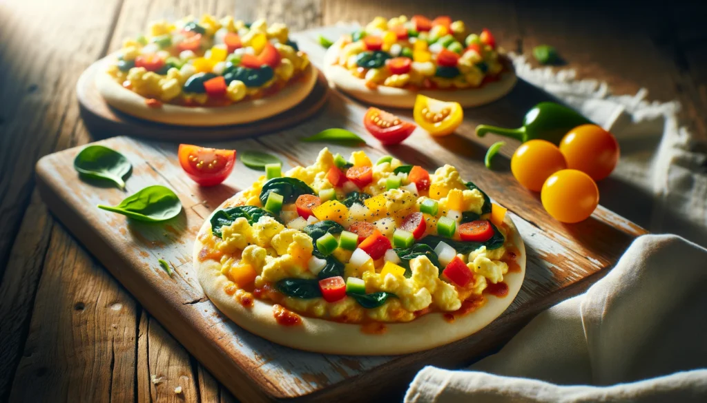 Alt image description: A close-up image of mini breakfast pizzas topped with fluffy scrambled eggs and colorful diced vegetables, including bell peppers, tomatoes, and spinach. The golden-brown crusts are crispy and slightly charred, while the eggs are soft and creamy, offering a delightful contrast in textures. The vibrant assortment of veggies adds freshness and flavor to the dish, making it an appealing and nutritious breakfast option.