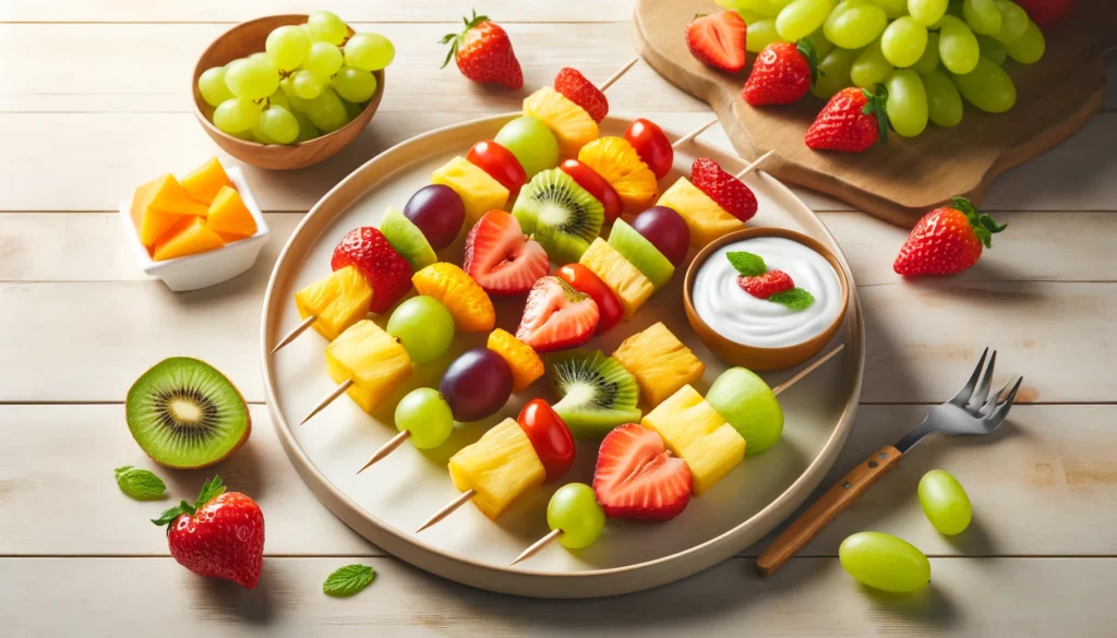 Alt image description: "A colorful assortment of fruit kebabs arranged on a white platter with a creamy yogurt dip in a small bowl beside them. The kebabs feature vibrant chunks of strawberries, pineapple, grapes, and melon threaded onto wooden skewers, creating a visually appealing and appetizing snack or dessert option."