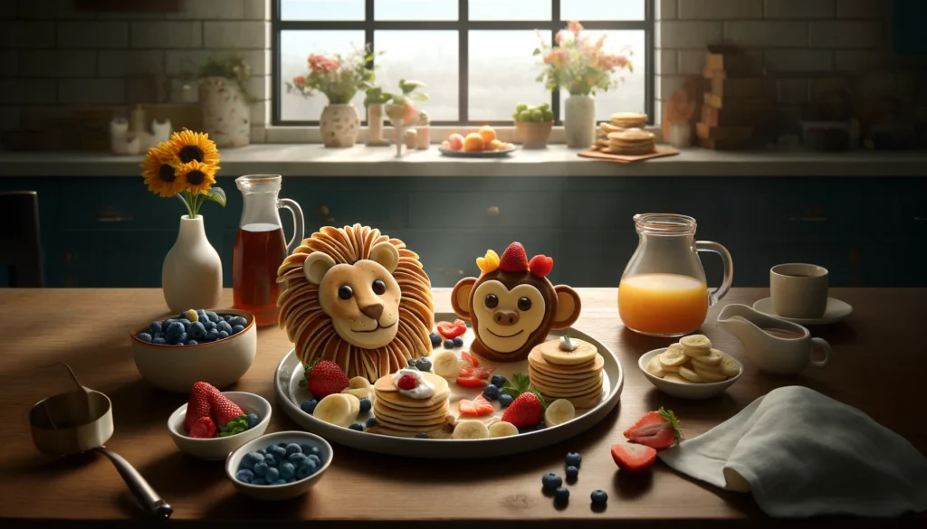 A colorful array of animal-shaped pancakes arranged on a white plate, each meticulously crafted to resemble various animals such as a smiling bear, a playful cat, a chirpy bird, and a friendly frog. The pancakes are adorned with toppings like berries, chocolate chips, and whipped cream, adding delightful accents to their whimsical designs. Surrounding the plate are scattered ingredients like fruits and syrup, hinting at the playful process of creating these imaginative breakfast treats.