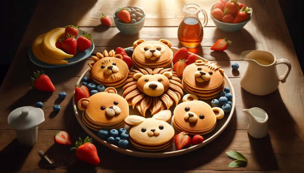 An array of colorful pancakes shaped like various animals, including bears, cats, and rabbits, arranged on a white plate. The pancakes are adorned with toppings such as berries, sliced bananas, and chocolate chips, adding to their playful appearance. A dollop of whipped cream sits atop one of the pancakes, resembling a bunny's tail. In the background, a pitcher of syrup and a stack of plates suggest a cozy breakfast scene.