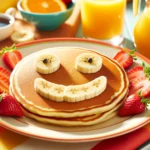 Sure! How about an image of a smiling sun rising over a plate of pancakes, with the pancakes arranged to resemble a big smiling face, complete with fruit slices for eyes and a syrupy smile? This could capture the essence of a fun and cheerful breakfast idea for kids.