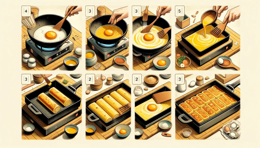 Tamagoyaki recipe image sounds delightful! I'll design an image that depicts a step-by-step guide for making authentic Japanese Tamagoyaki, in a natural and realistic style.