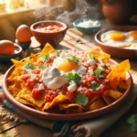 : A vibrant, natural, and realistic depiction of authentic Mexican chilaquiles. The dish is presented on a rustic, clay plate placed on a wooden table, capturing the ambiance of a traditional Mexican kitchen. The chilaquiles consist of lightly crisped corn tortillas cut into quarters and generously coated in a rich, red salsa, maintaining a slight crunch. Scattered atop are crumbled queso fresco, creamy dollops of sour cream, and finely chopped fresh cilantro for added color and flavor. A side of golden fried eggs with runny yolks accompanies the dish. The morning sunlight streams in, highlighting the vivid colors and steam rising from the hot meal.