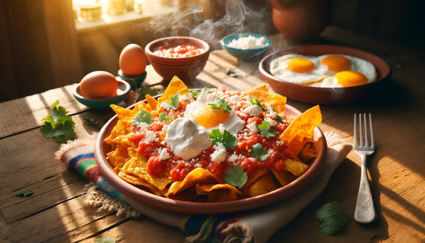 : A vibrant, natural, and realistic depiction of authentic Mexican chilaquiles. The dish is presented on a rustic, clay plate placed on a wooden table, capturing the ambiance of a traditional Mexican kitchen. The chilaquiles consist of lightly crisped corn tortillas cut into quarters and generously coated in a rich, red salsa, maintaining a slight crunch. Scattered atop are crumbled queso fresco, creamy dollops of sour cream, and finely chopped fresh cilantro for added color and flavor. A side of golden fried eggs with runny yolks accompanies the dish. The morning sunlight streams in, highlighting the vivid colors and steam rising from the hot meal.