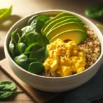 Quinoa Breakfast Bowl: Scrambled Eggs, Spinach, and Avocado