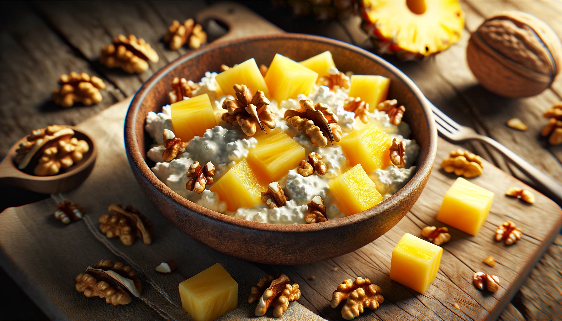 Cottage Cheese with Pineapple Chunks and Walnuts