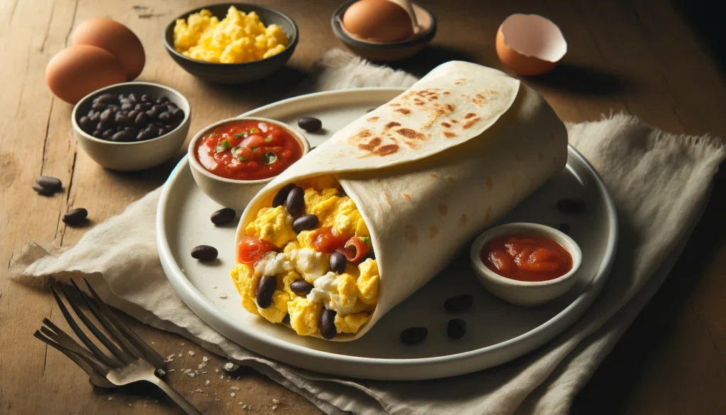 Breakfast Burrito with Scrambled Eggs, Black Beans, and Salsa