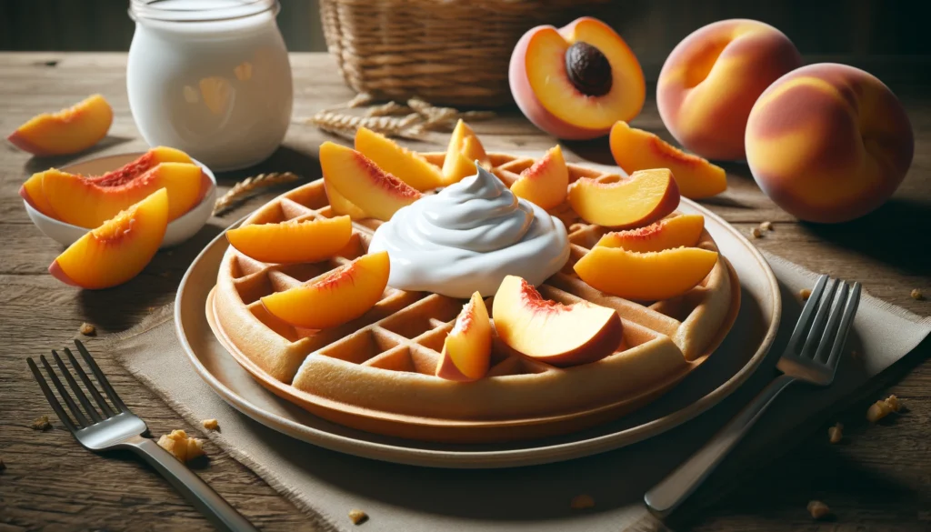 Whole Grain Waffles with Greek Yogurt and Sliced Peaches