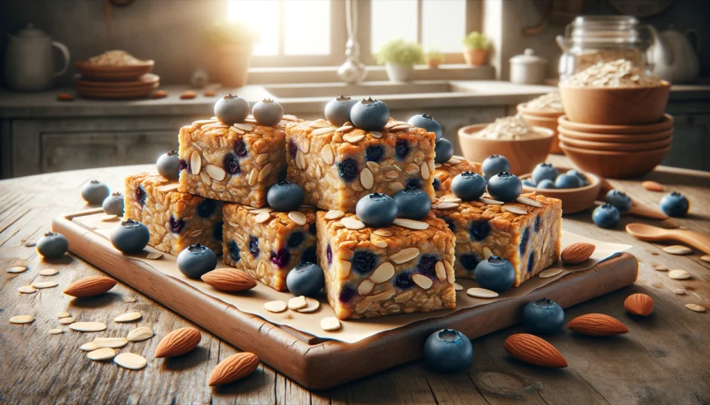 Baked oatmeal squares with blueberries and almonds