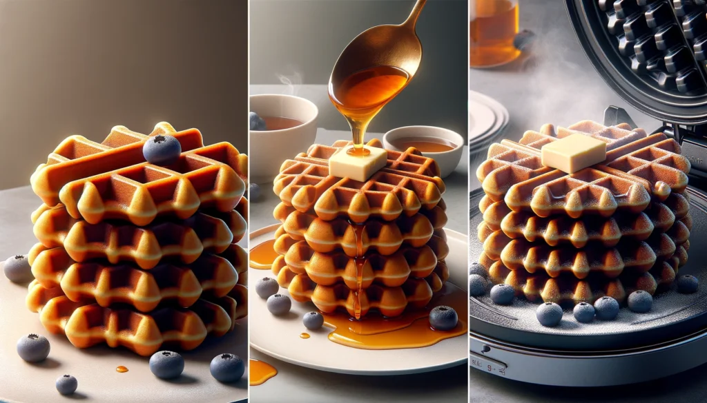 Here are three images showcasing sweet potato waffles in a realistic and natural style, formatted as requested. Each image features a different scene: a stack of waffles, a waffle cooking in an iron, and a plated waffle garnished with blueberries. 