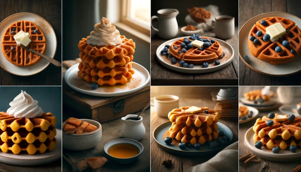 Here are the three images of sweet potato waffles, each presented in a realistic and natural setting as you requested.