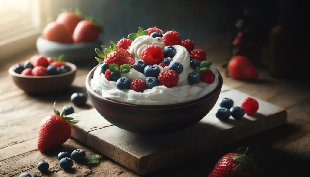  bowl of creamy whipped ricotta topped with a vibrant mix of fresh berries like strawberries, blueberries, and raspberries. The setting will be a rustic wooden table, enhancing the natural feel, and there will be a soft natural light that casts gentle shadows, highlighting the textures of the fluffy ricotta and the glossy berries. 