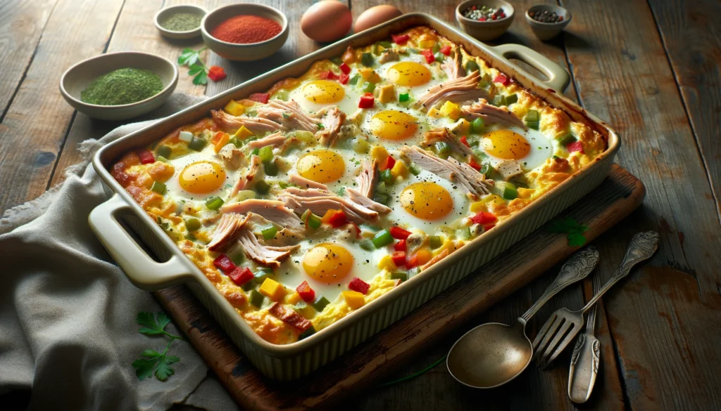 Imagine an inviting breakfast table, bathed in soft morning light, with a beautifully set casserole dish placed at the center. The dish is brimming with layers of golden-brown turkey sausage, fluffy scrambled eggs, vibrant diced bell peppers, and melted cheese, all perfectly baked together. Steam rises gently from the dish, carrying the irresistible aroma of savory spices and fresh herbs. Beside the casserole, there's a stack of freshly toasted whole-grain bread slices and a bowl of colorful mixed fruit salad, adding a touch of freshness to the hearty breakfast spread. The scene captures the essence of comfort, warmth, and wholesome goodness, inviting viewers to dive in and savor every delicious bite of this ultimate breakfast delight.


