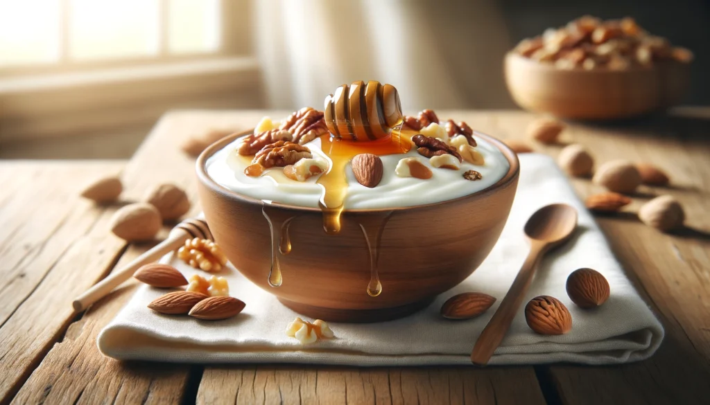 How about an image of a bowl filled with creamy Greek yogurt, drizzled with golden honey, and sprinkled with a generous handful of crunchy nuts? The contrast of textures and colors would make it visually appealing and enticing. Maybe place it on a rustic wooden table with some scattered nuts and a jar of honey nearby to emphasize the natural, wholesome aspect of the recipe.