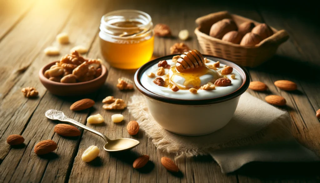 How about an image of a creamy swirl of Greek yogurt topped with a drizzle of golden honey and a sprinkling of crunchy nuts, all served in a rustic bowl against a backdrop of fresh, vibrant ingredients? This could convey the wholesome and delicious nature of the Greek yogurt honey nuts recipe, enticing viewers with its healthy and delightful appeal.