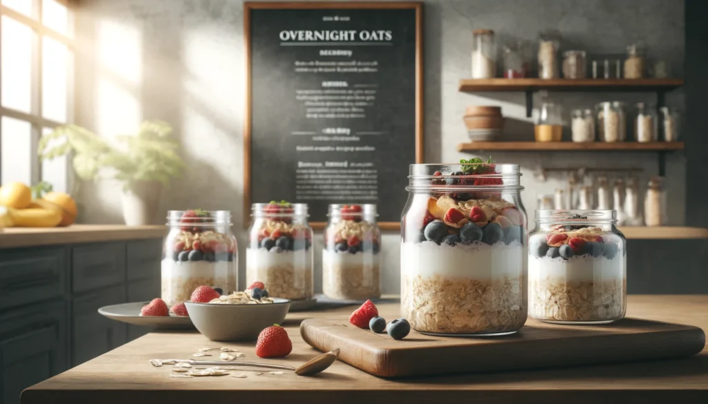 How about an image of a mason jar filled with layers of oats, yogurt, and fresh fruits, all neatly arranged and ready to be refrigerated overnight? It could have a label on it saying "Overnight Oats: Prep Tonight, Enjoy Tomorrow!" to emphasize the convenience and healthiness of the recipe.