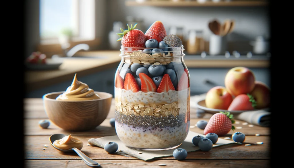 How about an image of a mason jar filled with layers of oats, yogurt, fruits, and nuts, all beautifully arranged? It could be accompanied by a spoon, some scattered oats, and maybe a sprig of fresh mint for a pop of color. The image could convey freshness, simplicity, and healthiness, inviting viewers to try out the recipe themselves!