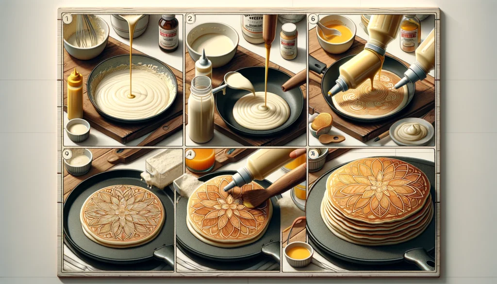 Certainly! How about this:

Caption: "Unlocking the Canvas: Mastering Pancake Art Techniques"

Image: Showcasing a stack of pancakes with intricate designs resembling famous landmarks, animals, and abstract art, all made using different pancake art techniques. A chef delicately pours pancake batter onto a hot griddle, creating a masterpiece in progress. The vibrant colors and detailed designs capture the essence of pancake artistry, inviting viewers to explore the step-by-step guide to creating their edible artworks.