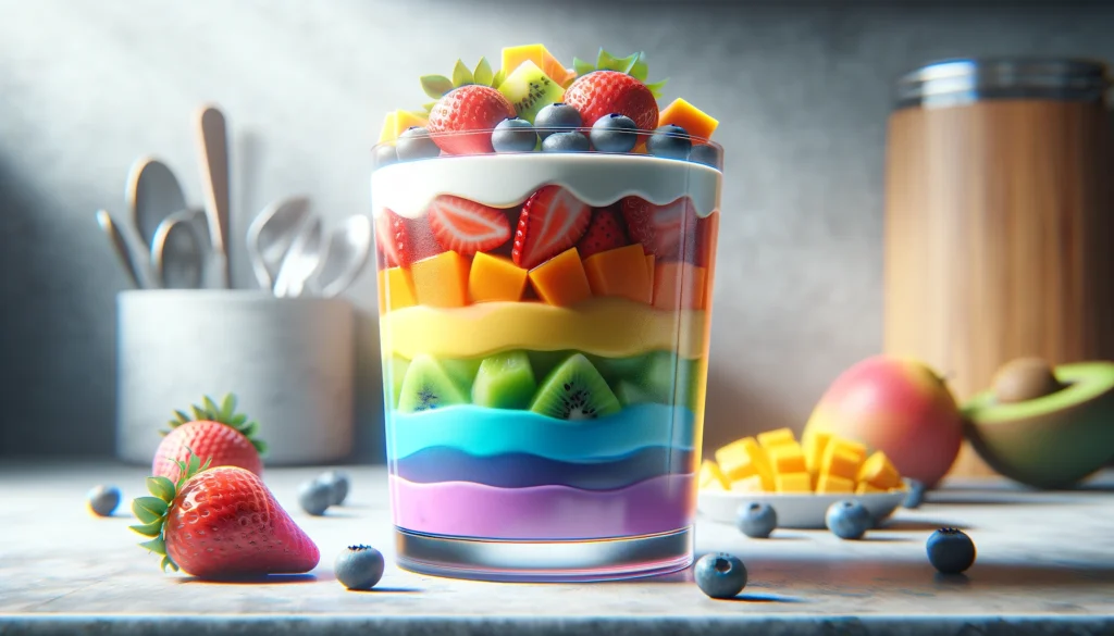 How about this: A vibrant spectrum of yogurt layers, each infused with a different hue of the rainbow, cascading gently into a glass, crowned with a medley of fresh, colorful fruits, like nature's own confetti celebrating the harmony of flavors and colors.