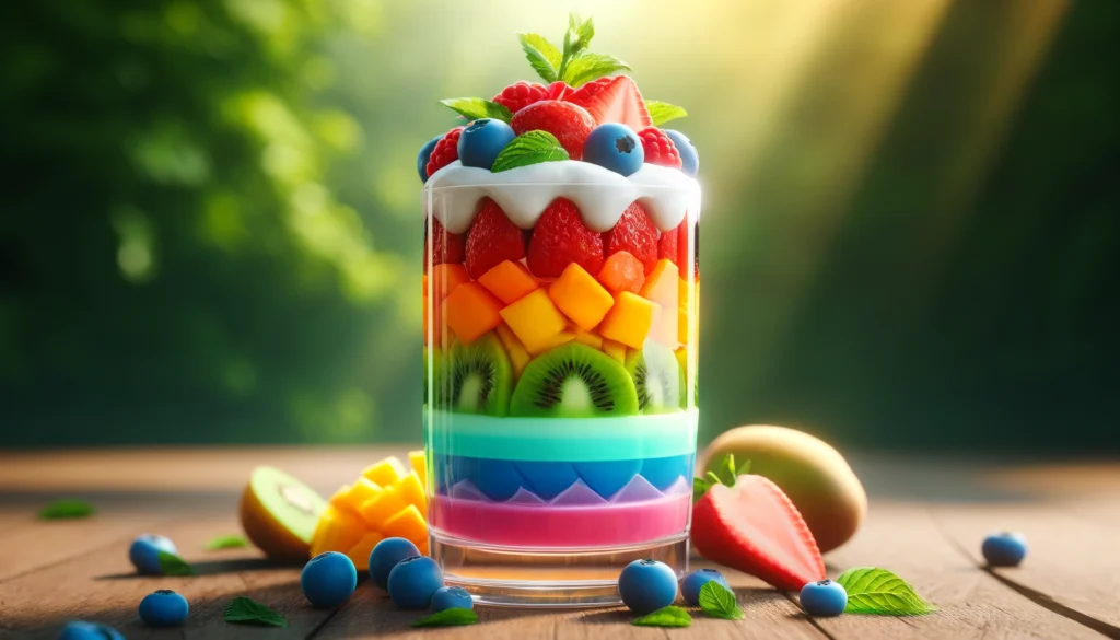 Sure, how about this?

[Image Description: A mason jar filled with layers of vibrant-colored yogurt, alternating between red, orange, yellow, green, blue, and purple, resembling the colors of a rainbow. Each layer is topped with assorted fresh fruits like strawberries, oranges, pineapple, kiwi, blueberries, and grapes, adding a pop of color and texture. A spoon rests beside the jar, ready to dig into the delicious parfait.]