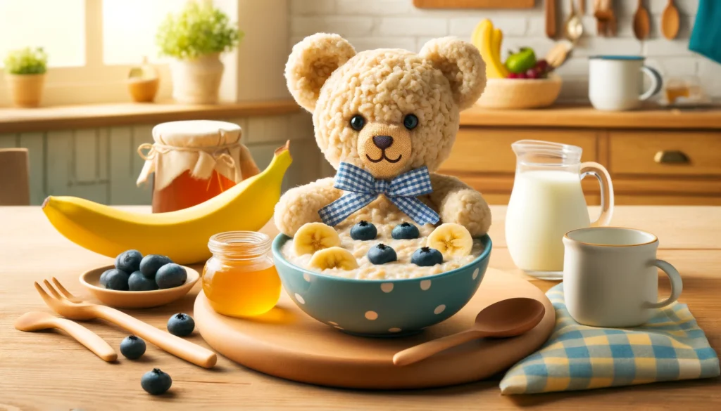 Alt image description: A cheerful breakfast scene featuring a teddy bear-shaped bowl filled with creamy porridge topped with sliced fruits, berries, and a drizzle of honey. Beside the bowl, there's a spoon adorned with a tiny bear figure, adding a playful touch to the presentation. Bright morning sunlight gently streams in, casting warm hues over the inviting meal. This kid-friendly breakfast idea combines wholesome nutrition with a delightful presentation, sure to bring smiles to little faces.