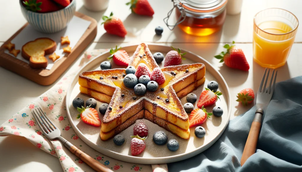 Imagine a plate filled with golden-brown star-shaped French toasts arranged in a playful pattern, drizzled with maple syrup and topped with fresh berries. In the background, you can see a cozy kitchen with sunlight streaming in, adding warmth to the scene. The image captures the whimsical and delightful essence of this creative breakfast idea, inviting viewers to indulge in a delicious and fun meal.