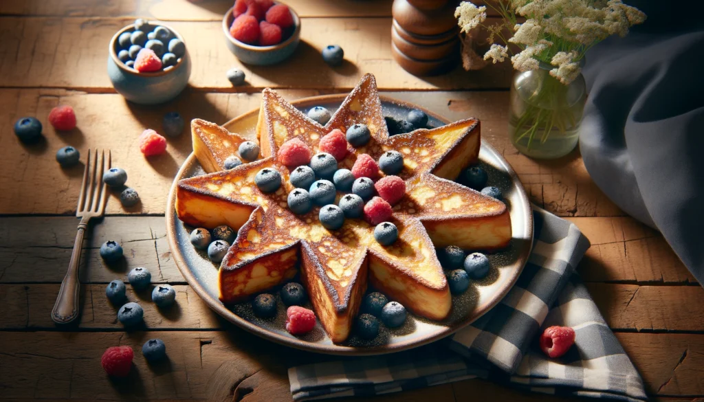 Golden-brown star-shaped French toast arranged on a white plate, sprinkled with powdered sugar and served with a side of fresh berries. A playful and delicious twist on a classic breakfast favorite.