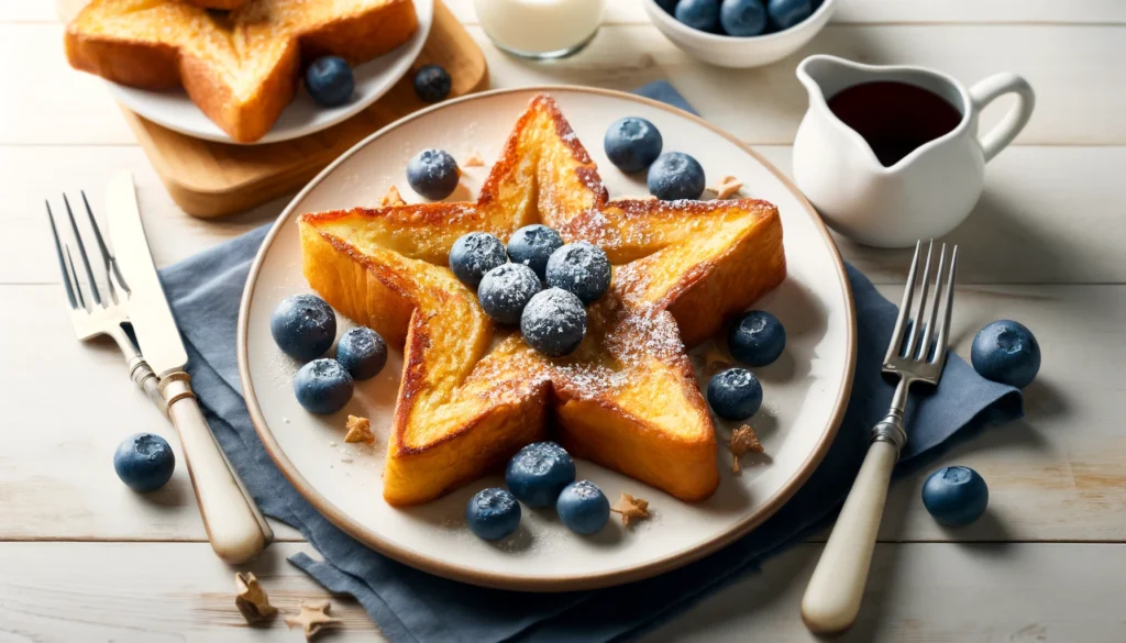 Golden brown star-shaped French toast arranged on a plate, garnished with fresh berries and a sprinkle of powdered sugar, with a dollop of whipped cream on the side. A fork rests beside the plate, ready to dive into this creative and fun breakfast idea.