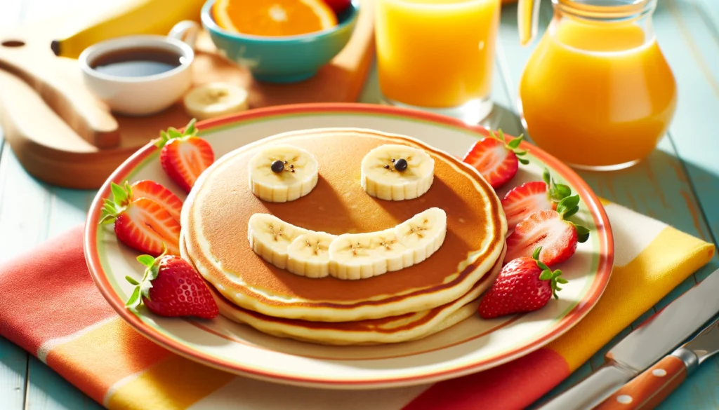 Sure! How about an image of a smiling sun rising over a plate of pancakes, with the pancakes arranged to resemble a big smiling face, complete with fruit slices for eyes and a syrupy smile? This could capture the essence of a fun and cheerful breakfast idea for kids.