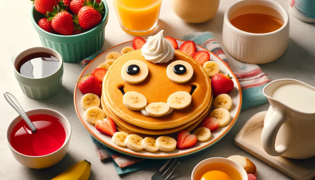 Certainly! How about an alternative image featuring a colorful array of smiley face pancakes arranged on a plate, surrounded by a variety of toppings like berries, chocolate chips, and whipped cream? The pancakes could be arranged to depict different expressions, showcasing the creativity and fun of making breakfast with kids. The vibrant colors and playful presentation would surely catch the eye and convey the joy of the activity.