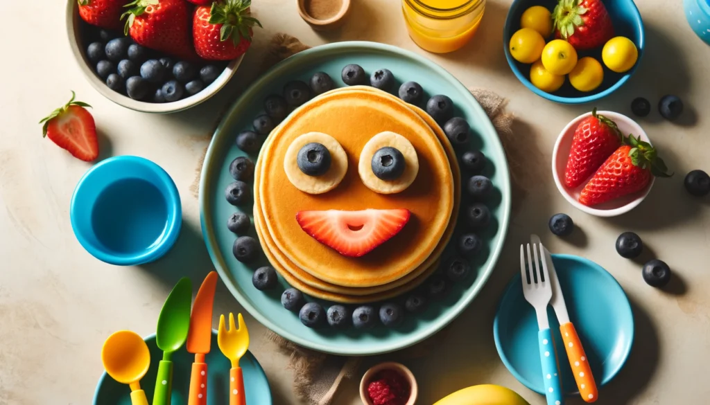 The kitchen counter is lined with colorful bowls filled with pancake batter in various shades. A chef's hand delicately pours the batter onto a sizzling skillet, forming perfect circles. In the background, a child with a big smile eagerly watches the pancakes cook. On the finished pancake, a smiley face made of chocolate chips and sliced strawberries beams up at the viewer, surrounded by a drizzle of maple syrup.


