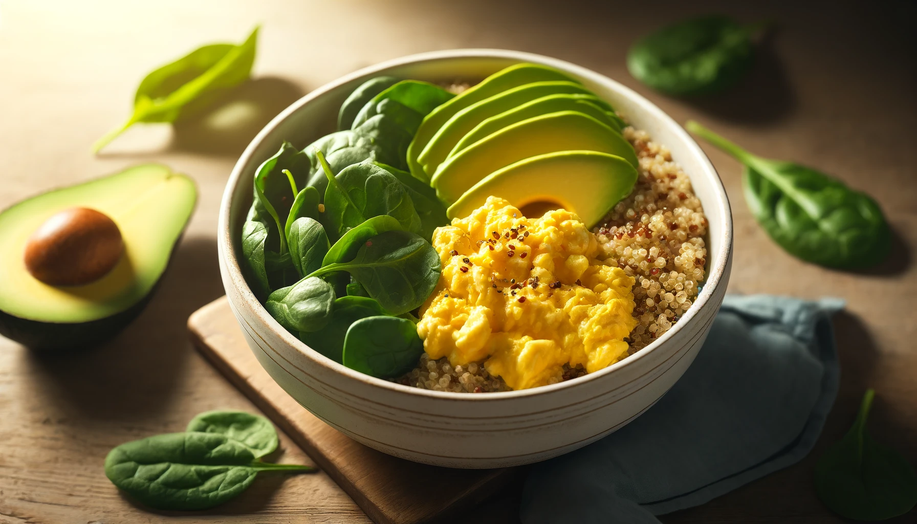 Quinoa Breakfast Bowl: Scrambled Eggs, Spinach, and Avocado